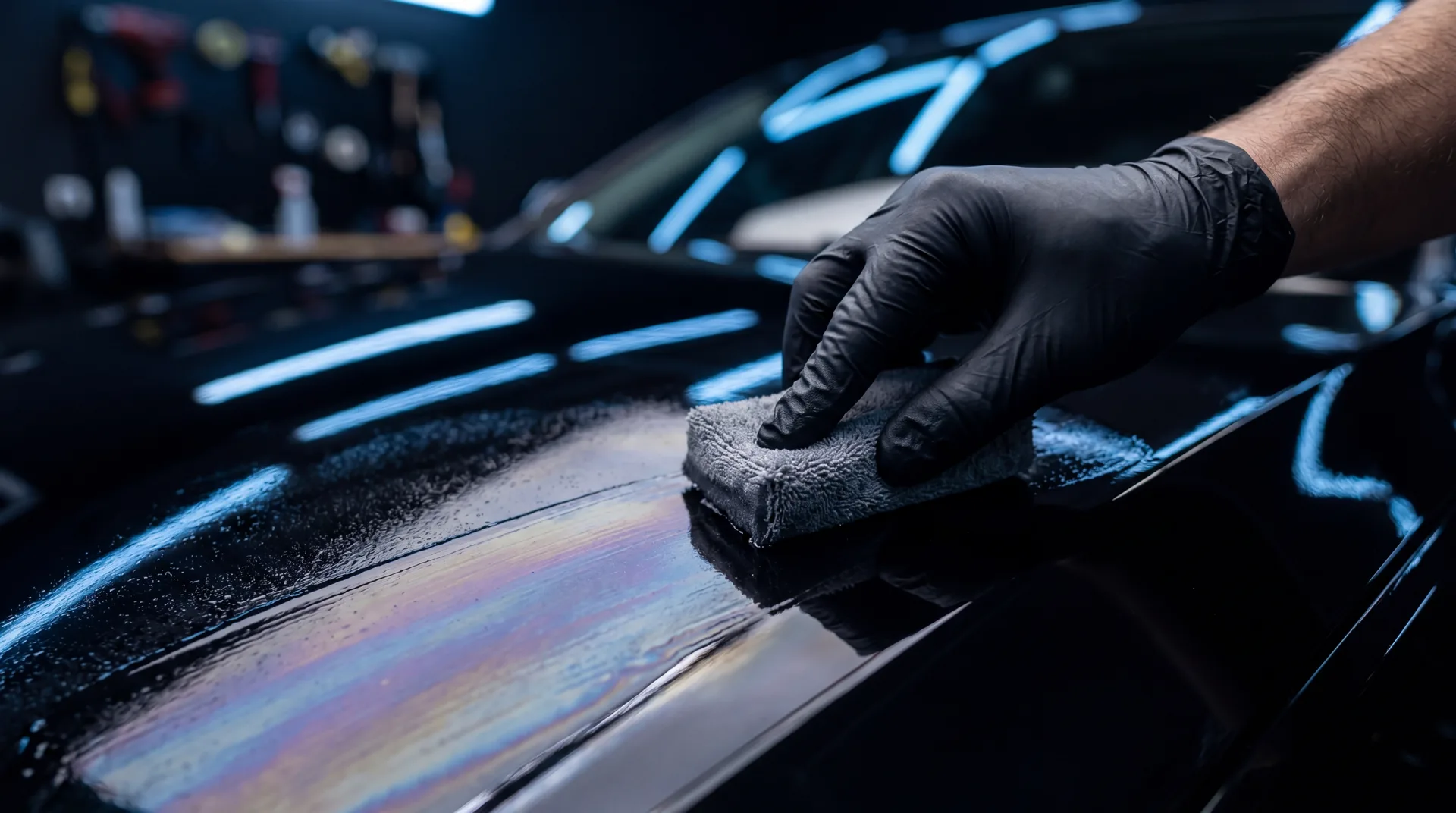 Detailaufnahme eines frisch aufbereiteten Fahrzeuglacks